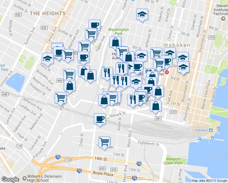 map of restaurants, bars, coffee shops, grocery stores, and more near 651 1st Street in Secaucus