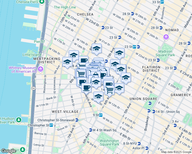 map of restaurants, bars, coffee shops, grocery stores, and more near 72-76 7th Avenue in New York