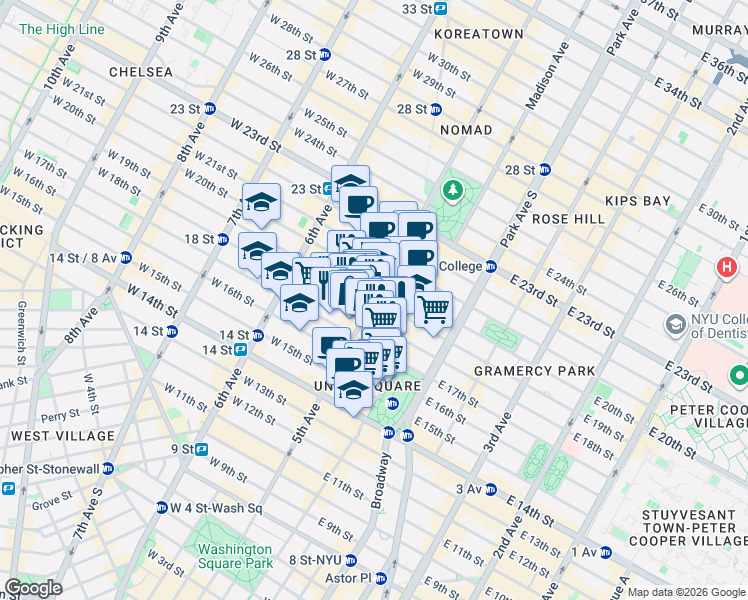 map of restaurants, bars, coffee shops, grocery stores, and more near 5th Avenue & West 19th Street in New York