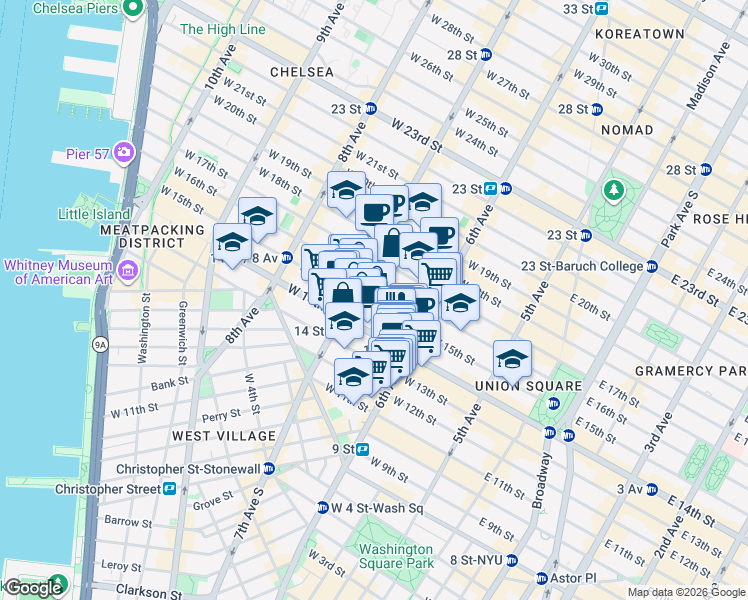 map of restaurants, bars, coffee shops, grocery stores, and more near 134 West 15th Street in New York