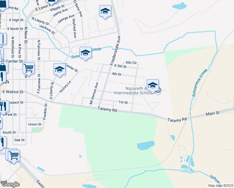 map of restaurants, bars, coffee shops, grocery stores, and more near 28 2nd Street in Nazareth