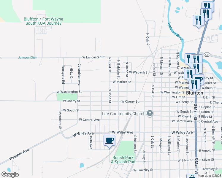 map of restaurants, bars, coffee shops, grocery stores, and more near 1028 W Washington St in Bluffton