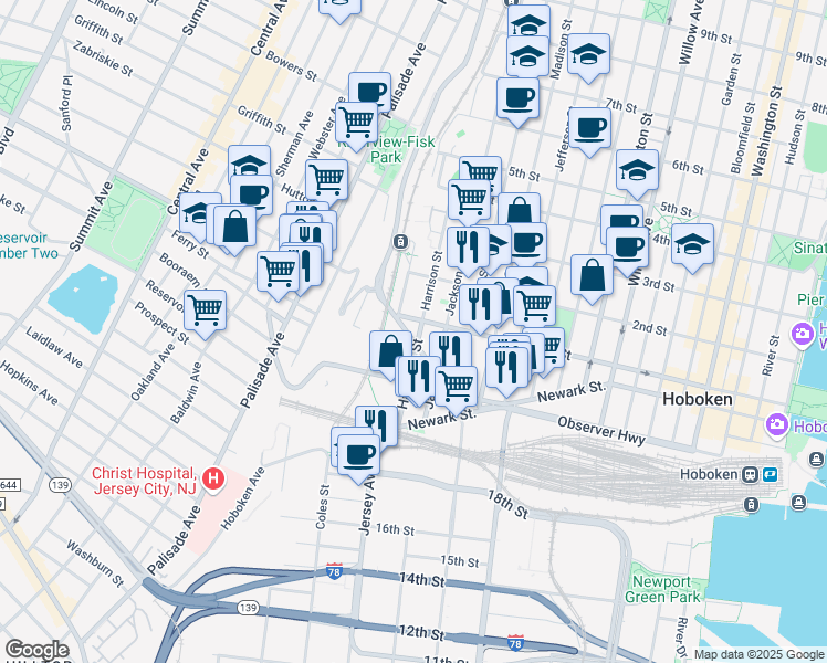 map of restaurants, bars, coffee shops, grocery stores, and more near 100 Paterson Avenue in Hoboken