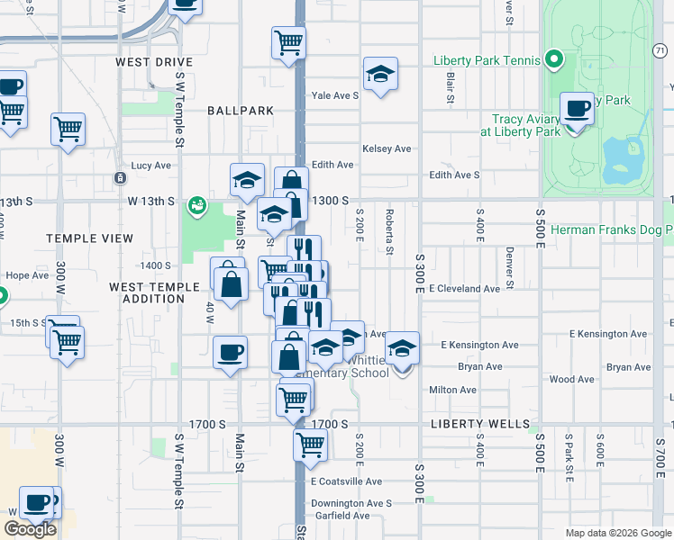 map of restaurants, bars, coffee shops, grocery stores, and more near 1409 South Edison Street in Salt Lake City