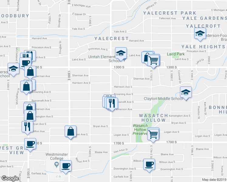 map of restaurants, bars, coffee shops, grocery stores, and more near 1435 1500 East in Salt Lake City