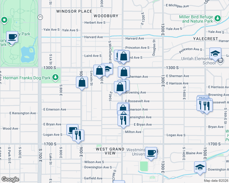 map of restaurants, bars, coffee shops, grocery stores, and more near 1433 South McClelland Street in Salt Lake City