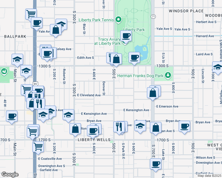 map of restaurants, bars, coffee shops, grocery stores, and more near 467 Cleveland Avenue South in Salt Lake City