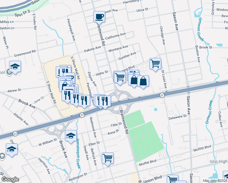map of restaurants, bars, coffee shops, grocery stores, and more near 48 Nevada Avenue in Bay Shore