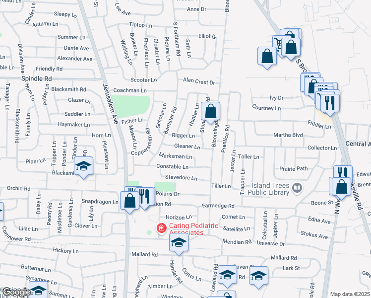 map of restaurants, bars, coffee shops, grocery stores, and more near 34 Marksman Lane in Levittown