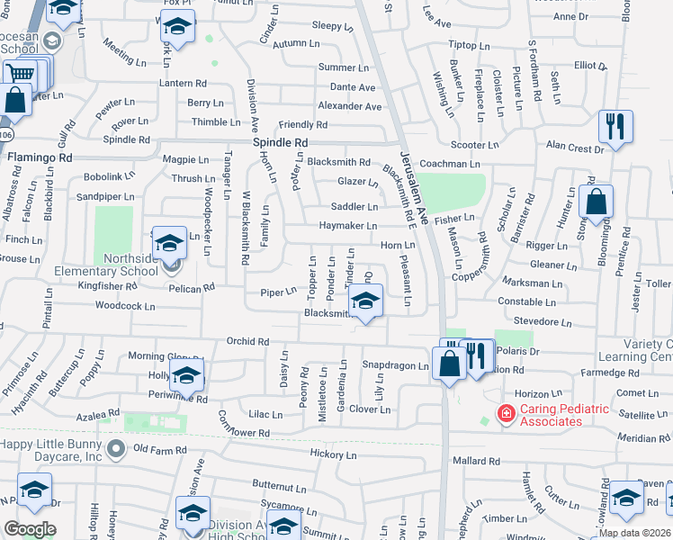 map of restaurants, bars, coffee shops, grocery stores, and more near 25 Ponder Lane in Levittown