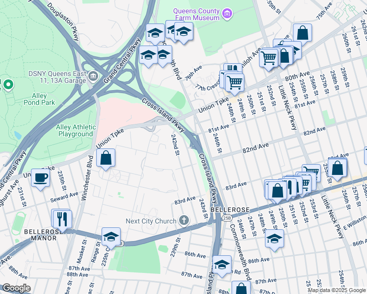 map of restaurants, bars, coffee shops, grocery stores, and more near 81-36 242nd Street in Queens