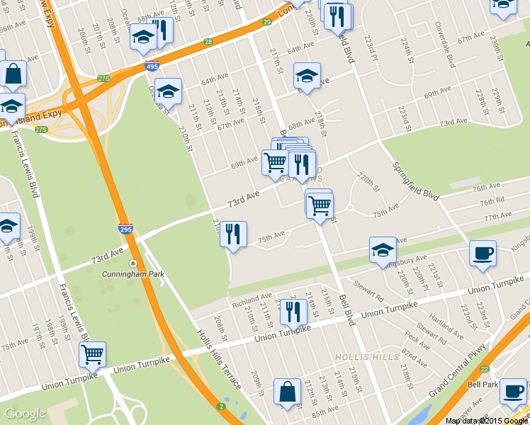 map of restaurants, bars, coffee shops, grocery stores, and more near 210-11 75th Avenue in Queens