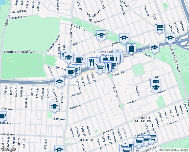 map of restaurants, bars, coffee shops, grocery stores, and more near 185-6 64th Avenue in Queens