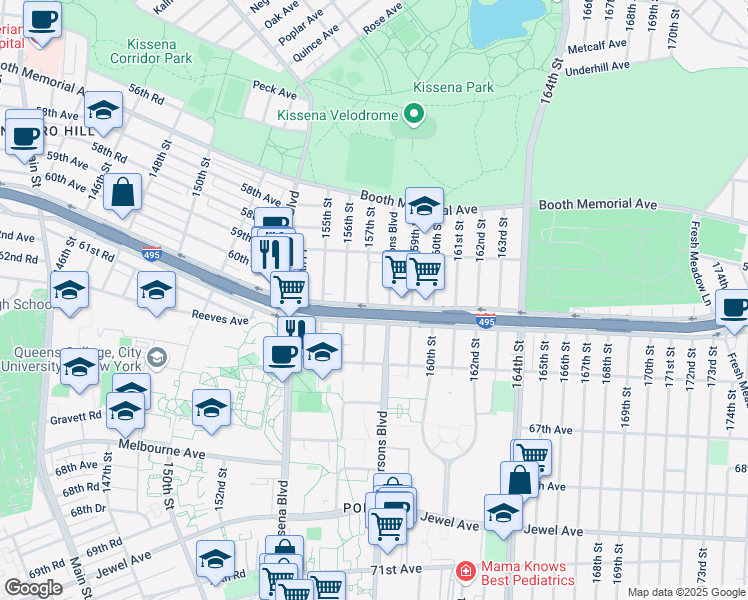 map of restaurants, bars, coffee shops, grocery stores, and more near 158 15 Horace Harding Expressway in Queens