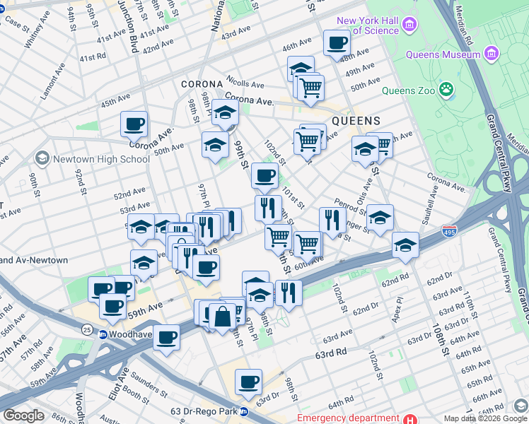 map of restaurants, bars, coffee shops, grocery stores, and more near in Queens