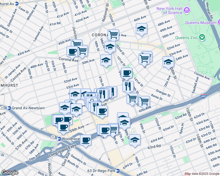 map of restaurants, bars, coffee shops, grocery stores, and more near 55-14 98th Street in Queens