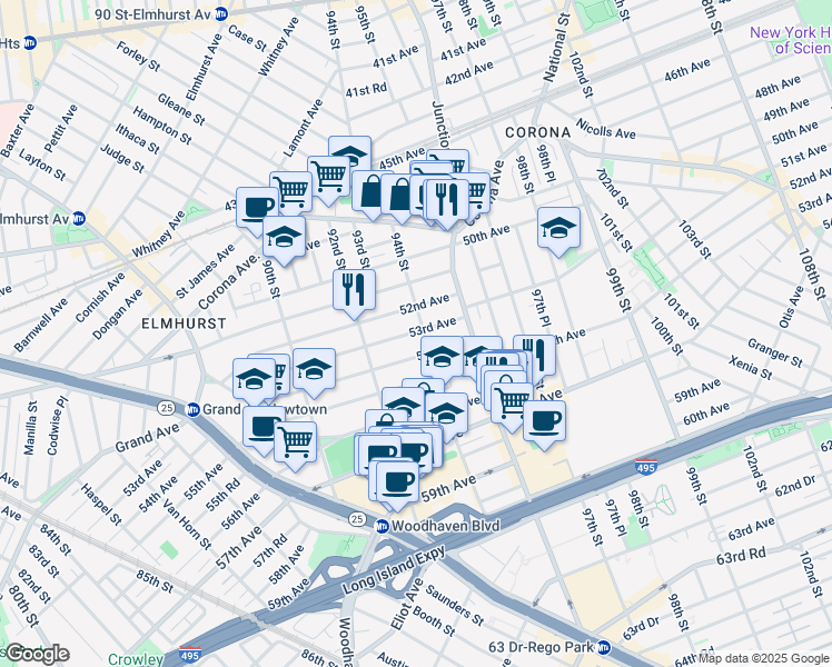 map of restaurants, bars, coffee shops, grocery stores, and more near 92-47 54th Avenue in Queens
