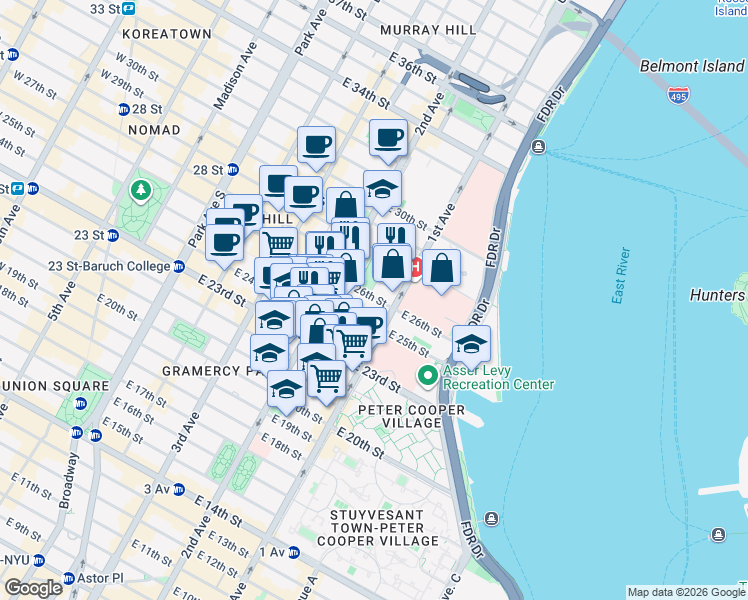 map of restaurants, bars, coffee shops, grocery stores, and more near 330 East 25th Street in New York
