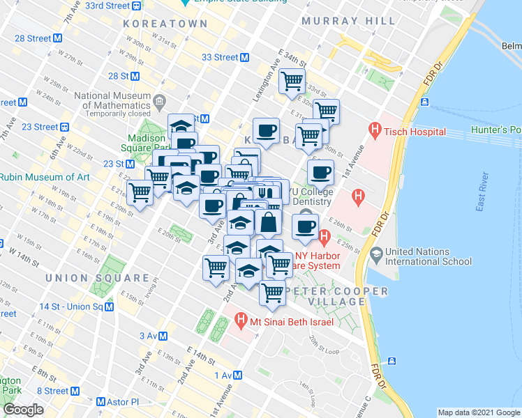 map of restaurants, bars, coffee shops, grocery stores, and more near 285 East 23rd Street in New York