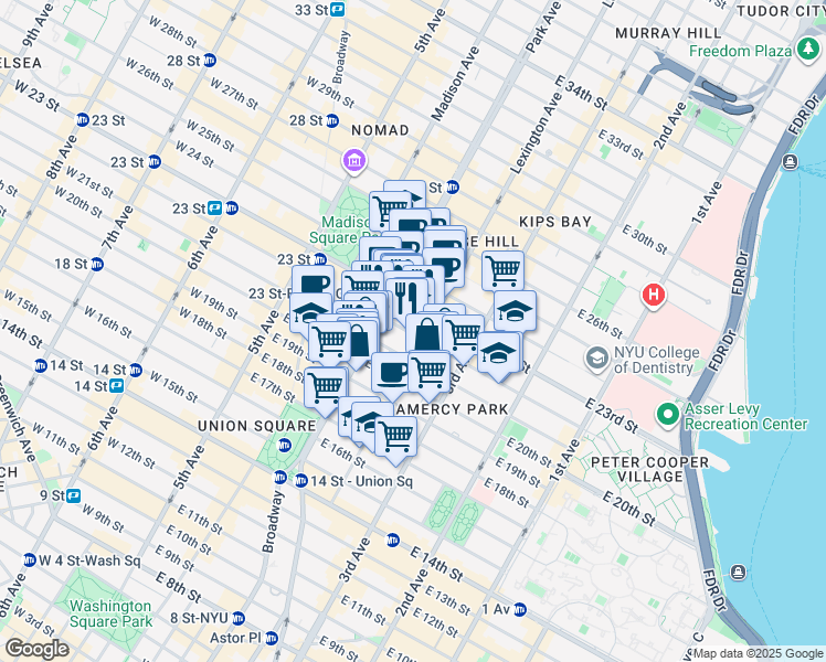 map of restaurants, bars, coffee shops, grocery stores, and more near 2 Lexington Avenue in New York