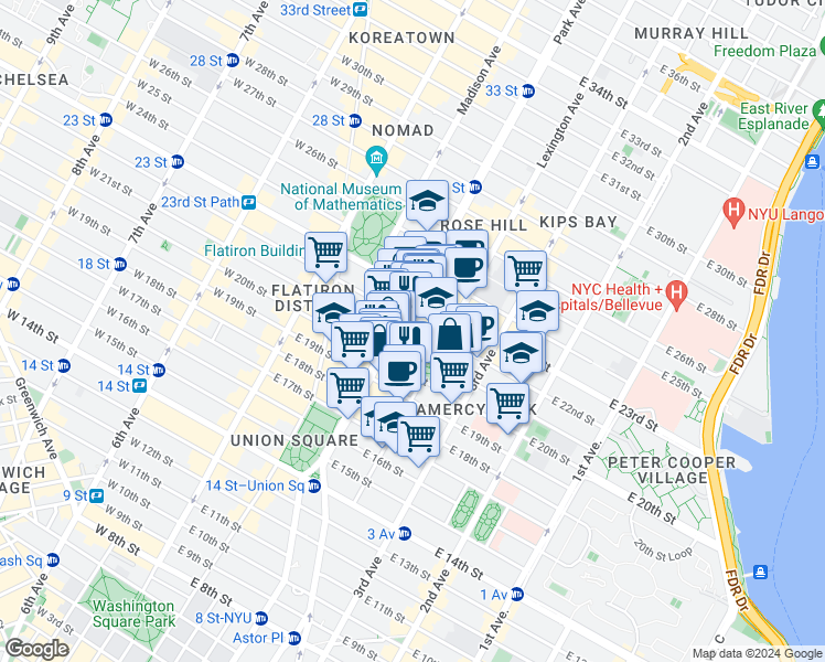 map of restaurants, bars, coffee shops, grocery stores, and more near 2 Lexington Avenue in New York