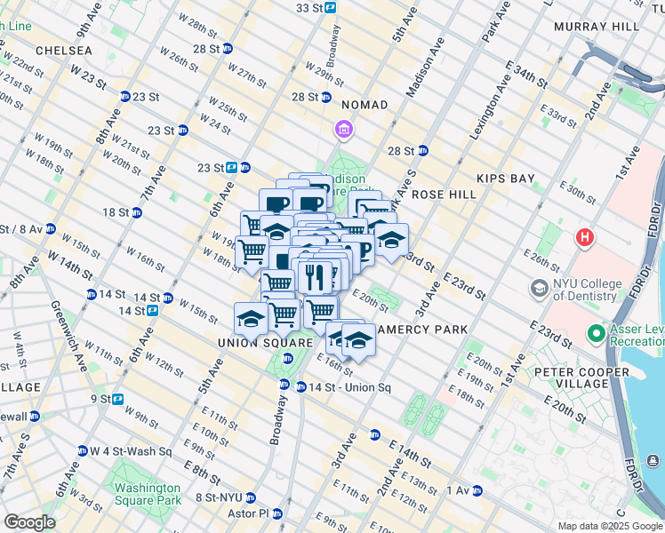 map of restaurants, bars, coffee shops, grocery stores, and more near 30 East 20th Street in New York