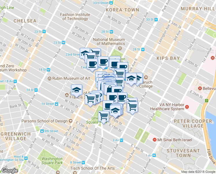 map of restaurants, bars, coffee shops, grocery stores, and more near 30 East 20th Street in New York