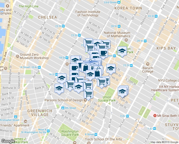 map of restaurants, bars, coffee shops, grocery stores, and more near 27 West 17th Street in New York