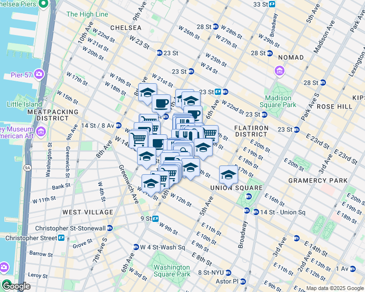map of restaurants, bars, coffee shops, grocery stores, and more near in New York