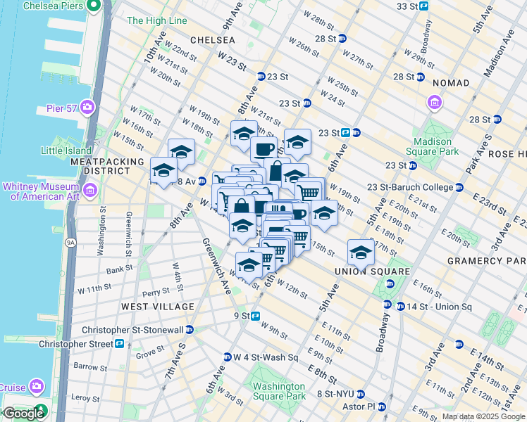 map of restaurants, bars, coffee shops, grocery stores, and more near 134 West 15th Street in New York