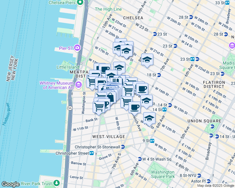 map of restaurants, bars, coffee shops, grocery stores, and more near 41 Jane Street in New York