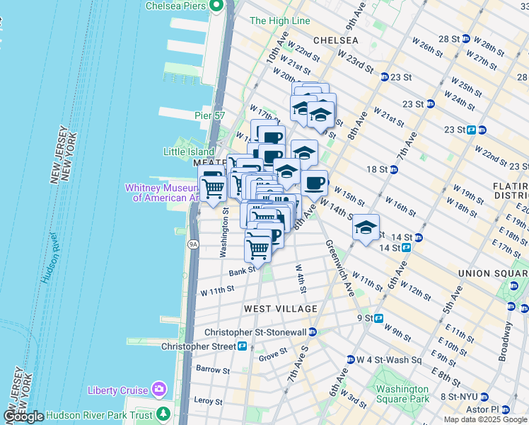 map of restaurants, bars, coffee shops, grocery stores, and more near 616 Hudson Street in New York