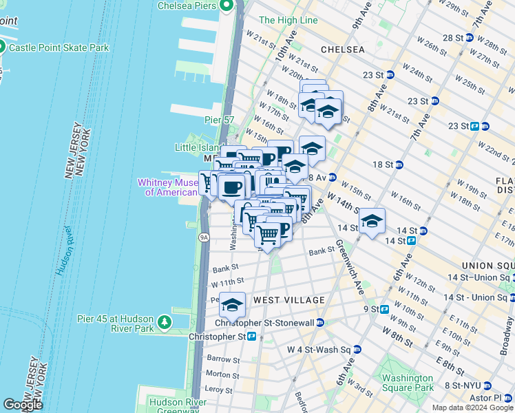 map of restaurants, bars, coffee shops, grocery stores, and more near 842-846 Greenwich Street in New York
