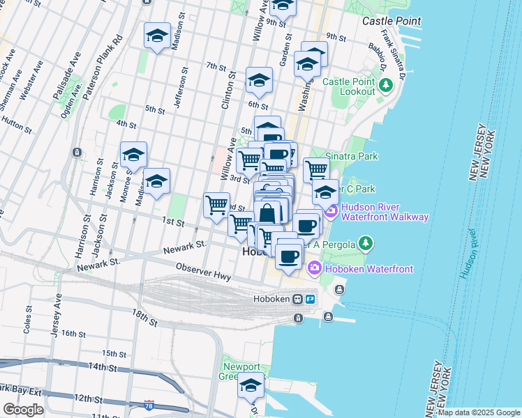 map of restaurants, bars, coffee shops, grocery stores, and more near 128 Washington Street in Hoboken