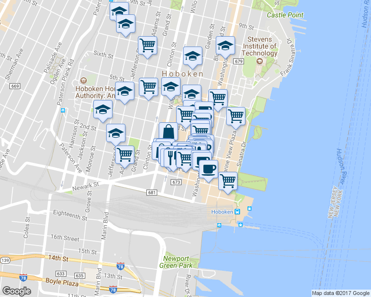 map of restaurants, bars, coffee shops, grocery stores, and more near in Hoboken