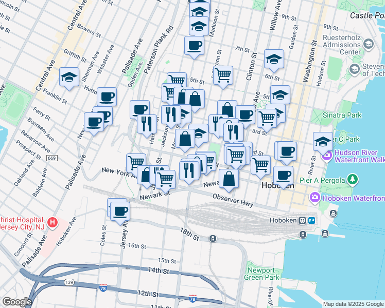 map of restaurants, bars, coffee shops, grocery stores, and more near 92 Jefferson Street in Hoboken