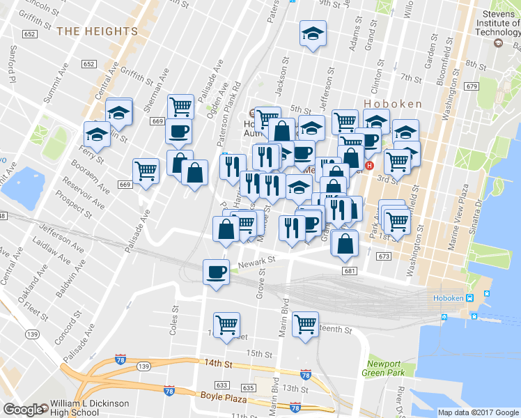 map of restaurants, bars, coffee shops, grocery stores, and more near 83 Monroe Street in Hoboken