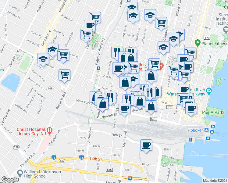 map of restaurants, bars, coffee shops, grocery stores, and more near 83 Monroe Street in Hoboken