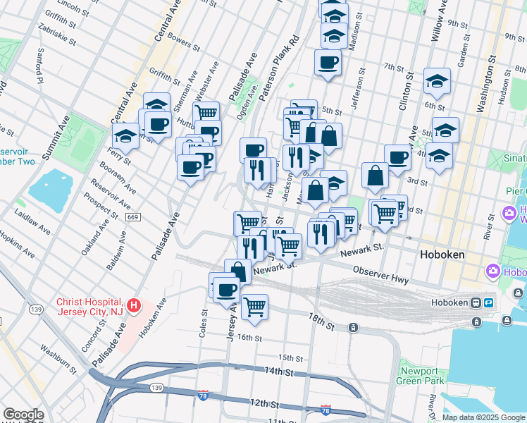 map of restaurants, bars, coffee shops, grocery stores, and more near 80 Jackson Street in Hoboken