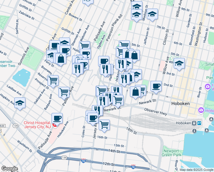 map of restaurants, bars, coffee shops, grocery stores, and more near 101 Paterson Avenue in Hoboken