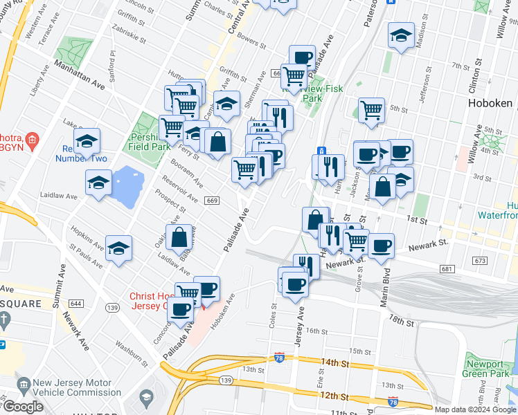 map of restaurants, bars, coffee shops, grocery stores, and more near 120 Ogden Avenue in Jersey City
