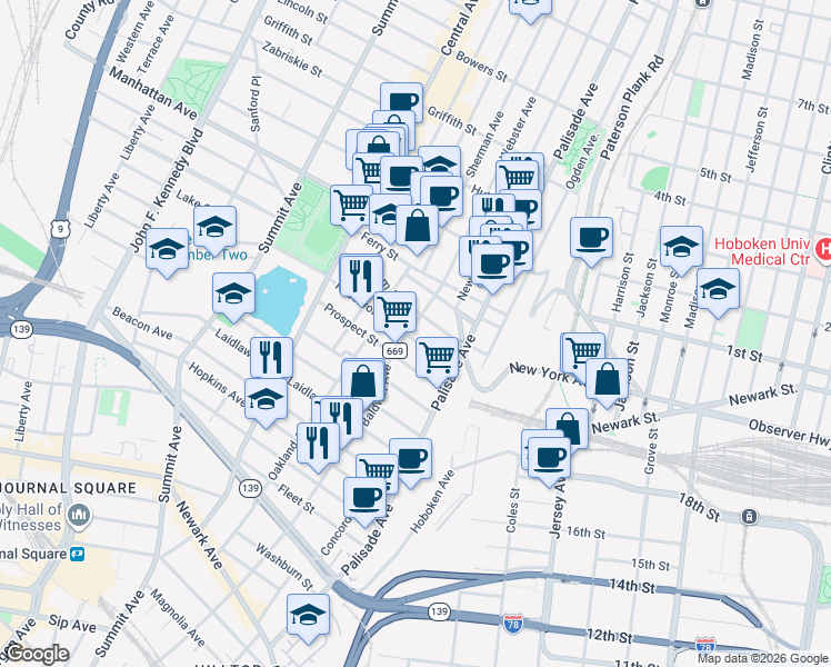map of restaurants, bars, coffee shops, grocery stores, and more near 21 Reservoir Avenue in Jersey City
