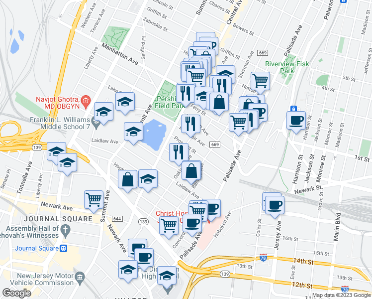 map of restaurants, bars, coffee shops, grocery stores, and more near 173 Oakland Avenue in Jersey City