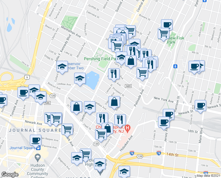 map of restaurants, bars, coffee shops, grocery stores, and more near 173 Oakland Avenue in Jersey City