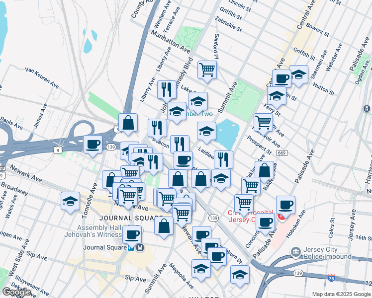 map of restaurants, bars, coffee shops, grocery stores, and more near in Jersey City