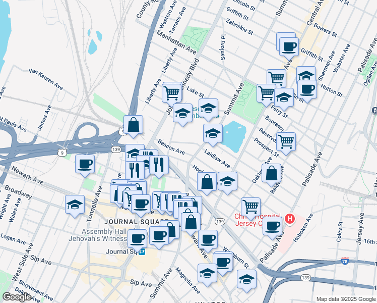 map of restaurants, bars, coffee shops, grocery stores, and more near in Jersey City