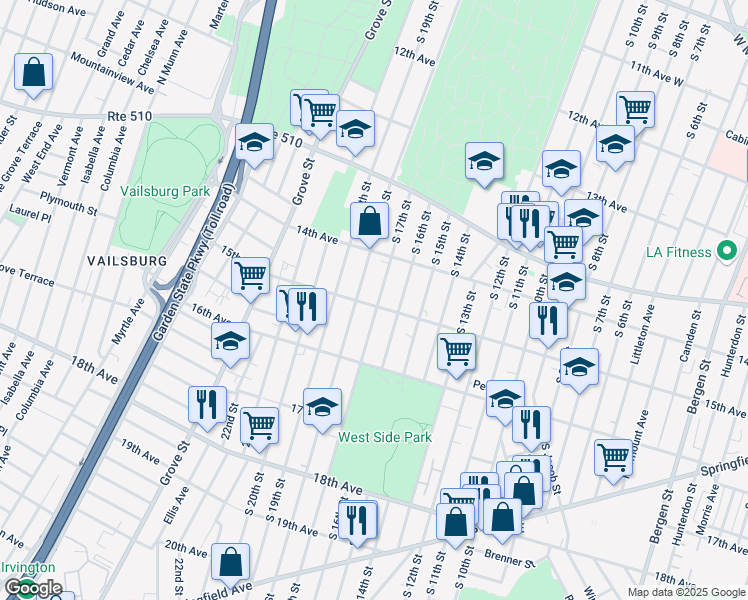 map of restaurants, bars, coffee shops, grocery stores, and more near 512 South 17th Street in Newark