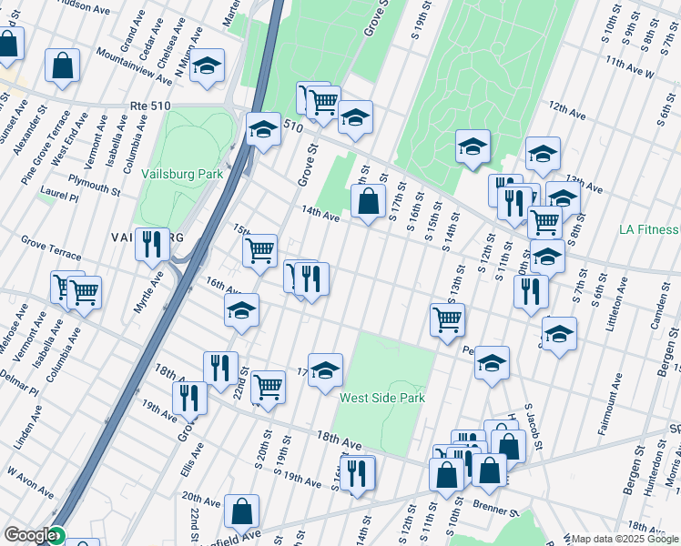 map of restaurants, bars, coffee shops, grocery stores, and more near 525 South 18th Street in Newark