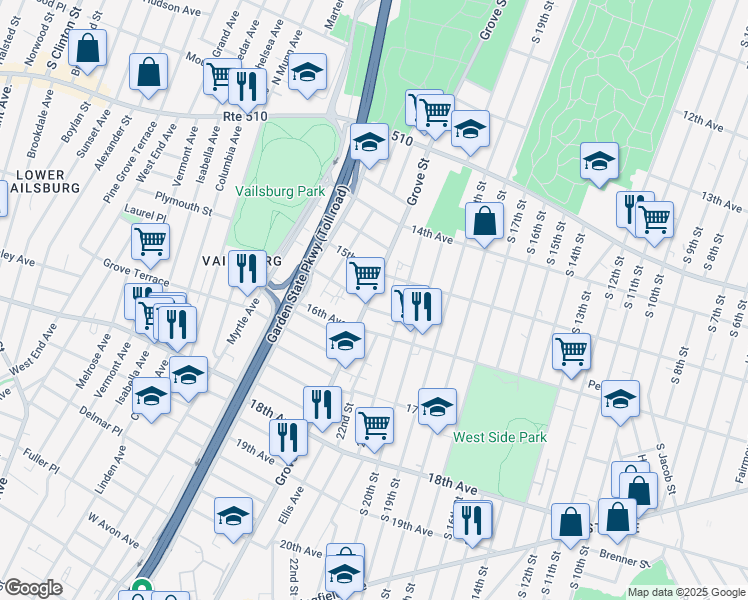 map of restaurants, bars, coffee shops, grocery stores, and more near 7 Roosevelt Terrace in Irvington