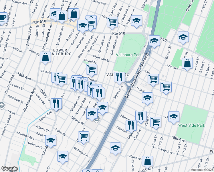 map of restaurants, bars, coffee shops, grocery stores, and more near 194 Munn Avenue in Irvington